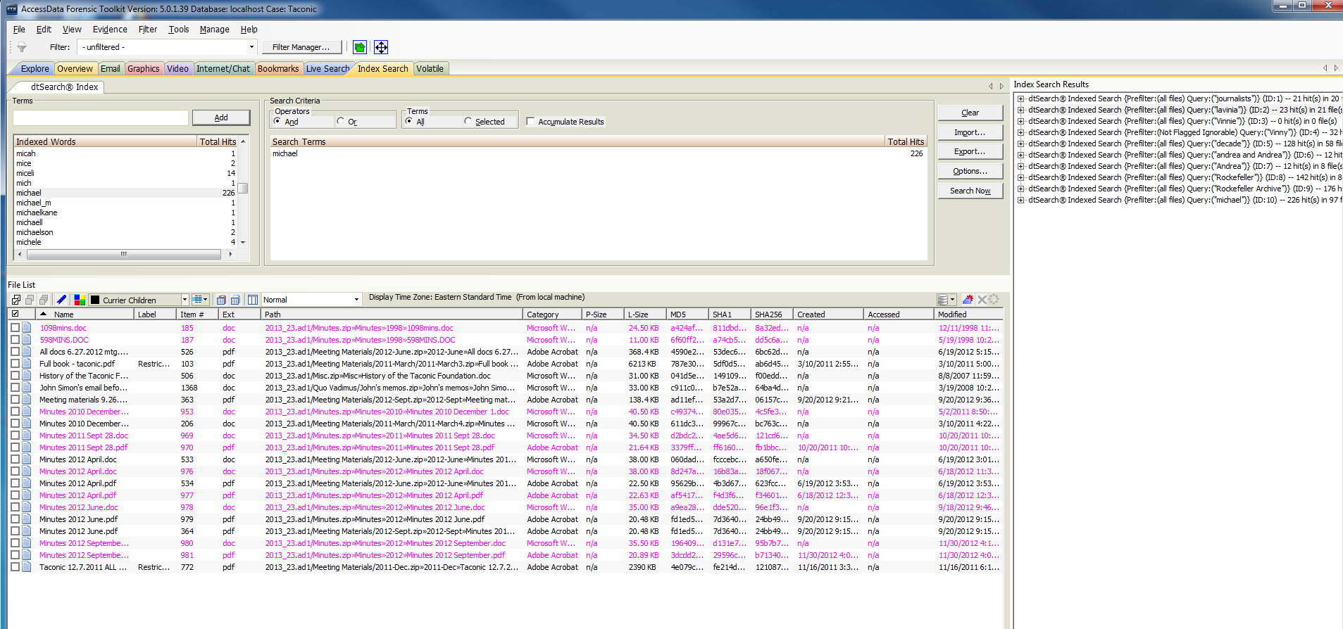 Screenshot of FTK search capability