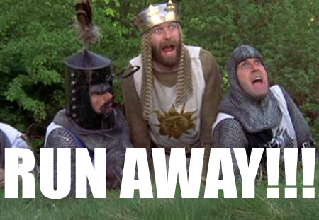 Monty Python characters saying 'run away'