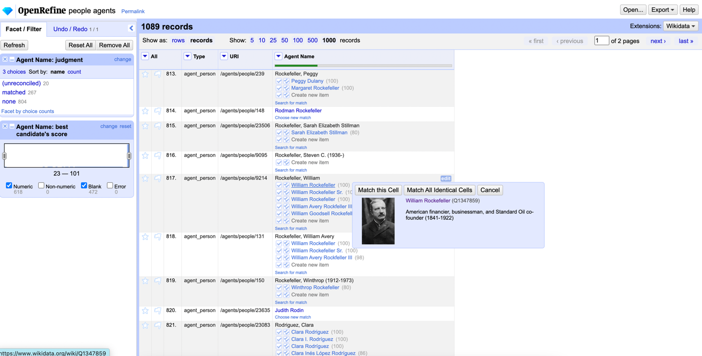 Figure 6: OpenRefine presents a list of potential matches from Wikidata.