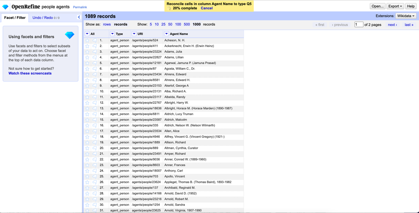 Figure 5: Using OpenRefine to reconcile our agent list against Wikidata.