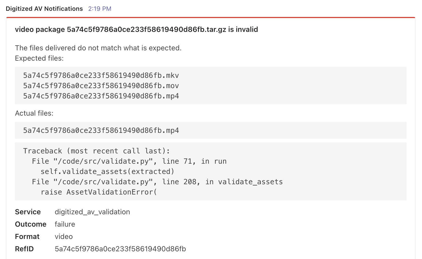 Screenshot of Teams notification for a bag structure validation error where a video package was missing the master and mezzanine files.