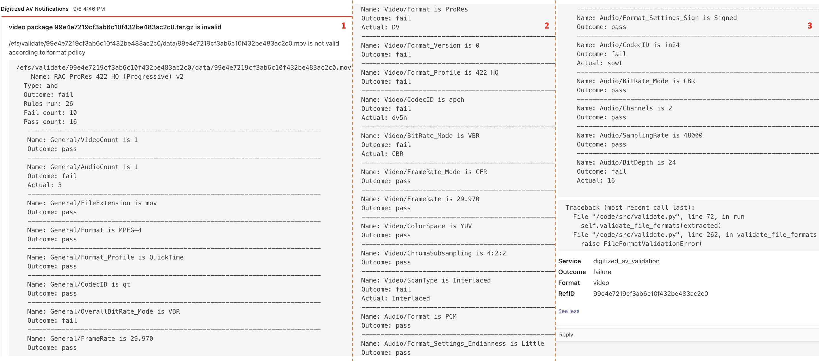 Screenshot of Teams notification for a conformance validation error where a video package provided a .mov mezzanine file in the DV codec rather than ProRes 422 HQ.