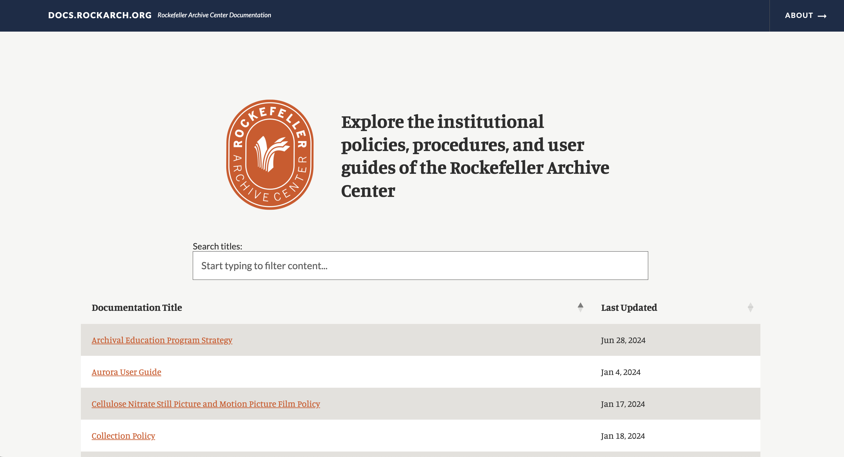 Documentation site homepage screenshot of new design with RAC dark blue and orange color scheme and searchable table layout