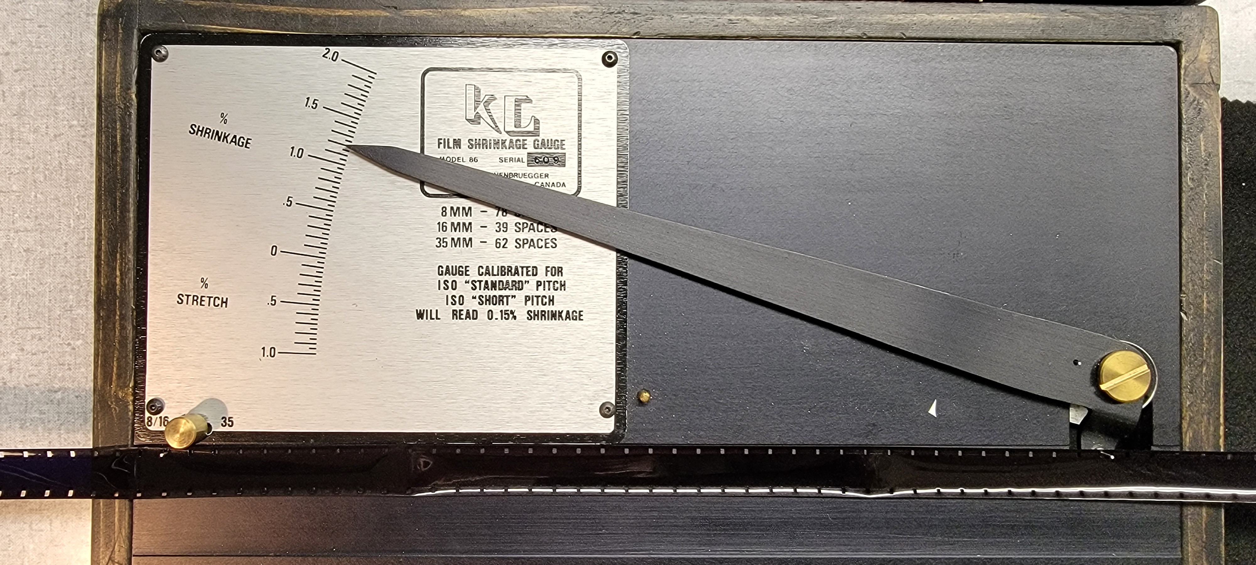 Film shrinkage gauge showing 1.2% shrinkage