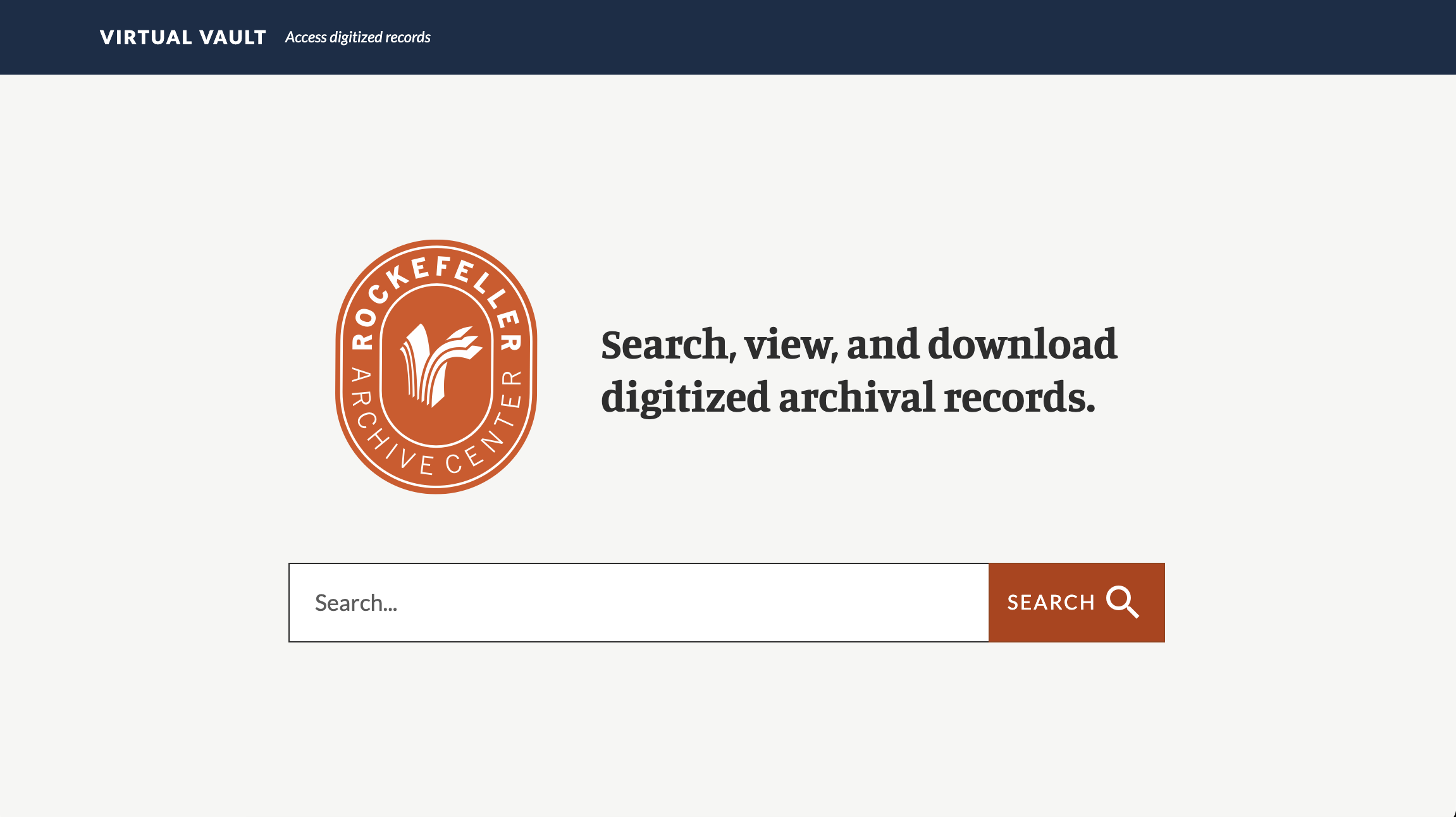 Figure 3. The updated user interface for Virtual Vault, which presents a single search box styled using the Rockefeller Archive Center's default colors and fonts.