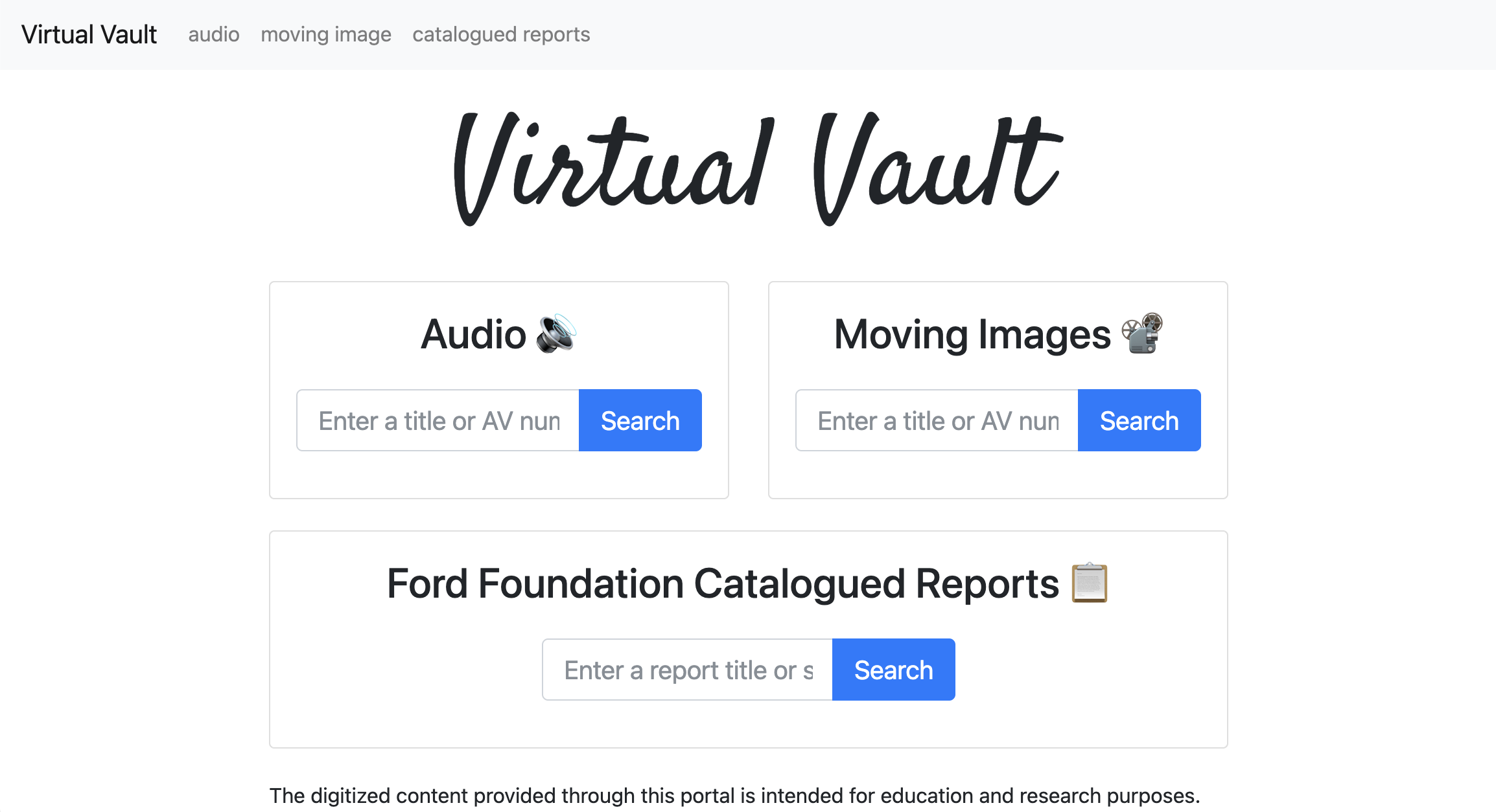 Figure 1. The old user interface for Virtual Vault, which contains search boxes for each record type and uses custom styles based on Bootstrap.
